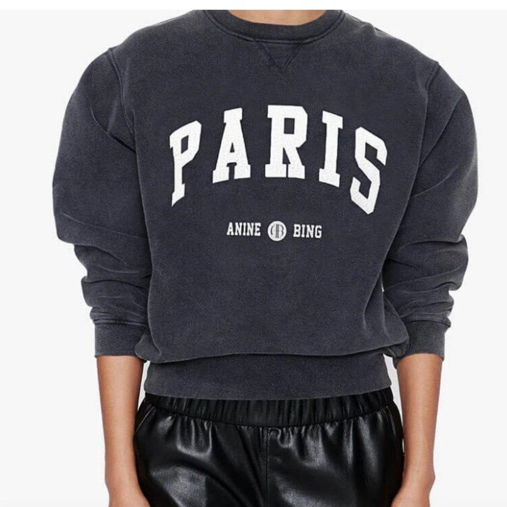 ANINE BING RAMONA SWEATSHIRT UNIVERSITY PARIS  SIZE SMALL WASHED BLACK